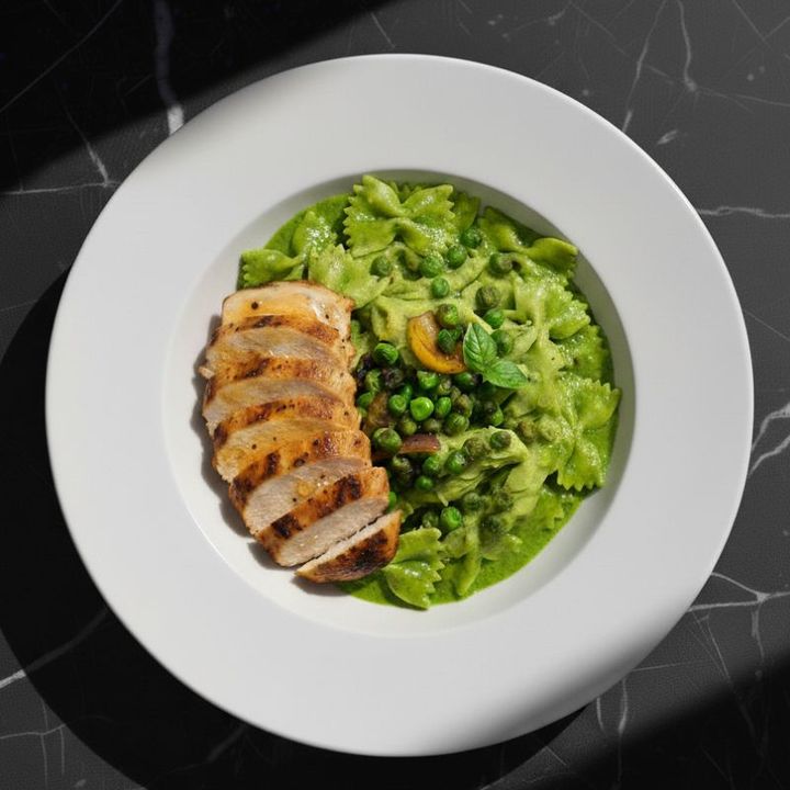 CREAMY GREEN PEA PASTA WITH PIRI-PIRI CHICKEN
