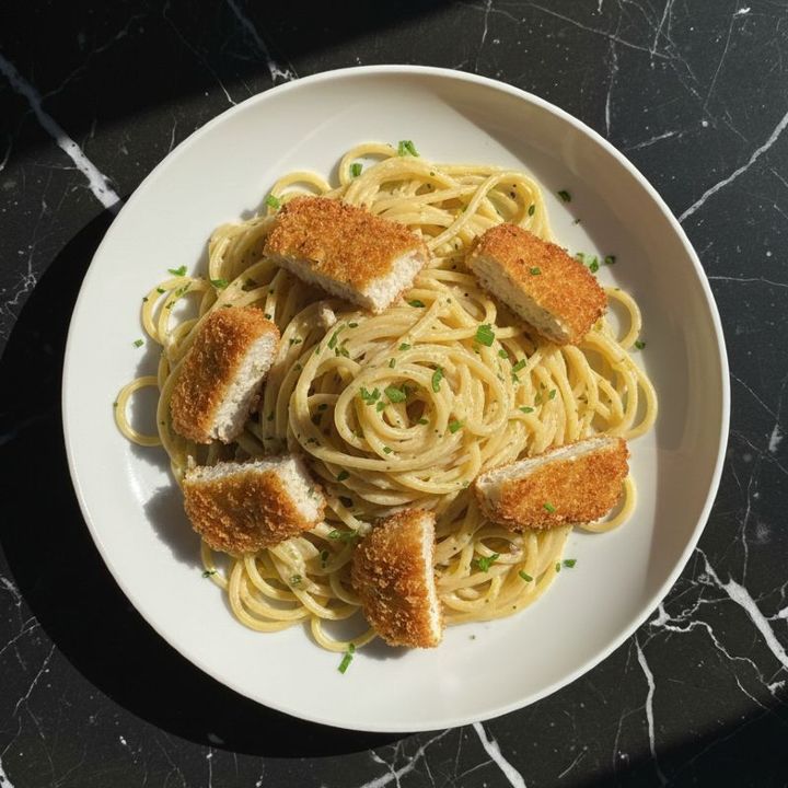VEGAN CACIO E PEPE WITH VEGAN CHICKEN